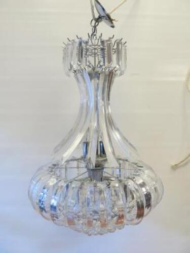 CT Lighting Pendant Light in Acrylic Prism, Model D7706/Chrome. Size H70cm x Dia 50cm. NOTE: missing approx 10 small balls & 3 pieces of Perspex (As Viewed/Pictured).