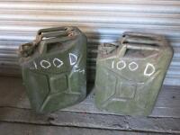2 x 20L Jerry Cans. Vintage (1960-1980's). NOTE: With part fluid unknown.