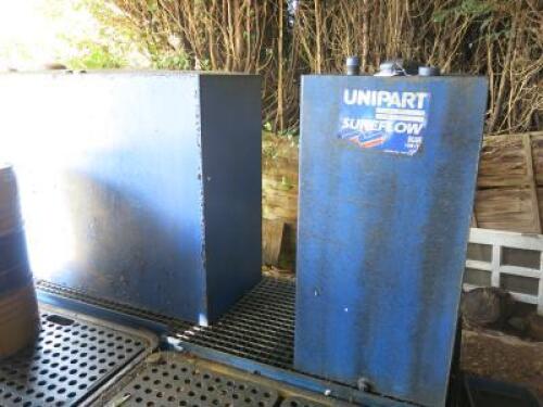 2 x Unipart Oil Tanks on Spill Stands to Include: Unipart Sureflow Blue 15/50 Oil Storage Tank (Approx 350 Litres) & Unipart Sureflow Blue 15/40 Oil Storage Tank (1100 Litres).