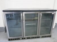 Gamco 3 Door Glass Display Drinks Chiller, Model MG-315GCS. Size H91cm x W135cm x D52cm. NOTE: requires plug