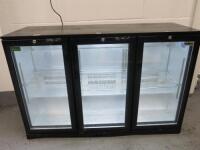 Rhino 3 Door Illuminated Glass Display Drinks Chiller, Model COLD1350H. Size H90cmx W135cm x D49cm.