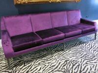 4 Seater Lounge Sofa in Aubergine Velour Material on Metal Base. Size H88 x W260 x D70cm.