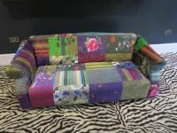 3 Seater Sofa Upholstered in Multi Coloured Fabric. Size H65cm x W190cm x D90cm. NOTE: missing feet (Condition As Viewed/Pictured).