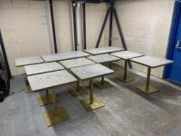 10 x Marble Top Tables with Pedrali Brass Coloured Metal Bases to Include: 2 x Twin Pedestal, Size H78 x W 125 x D70cm, 6 x Single Pedestal, Size H78 x W70 x D60cm & 2 x Single Pedestal, Size H78 x W70 x D70cm.