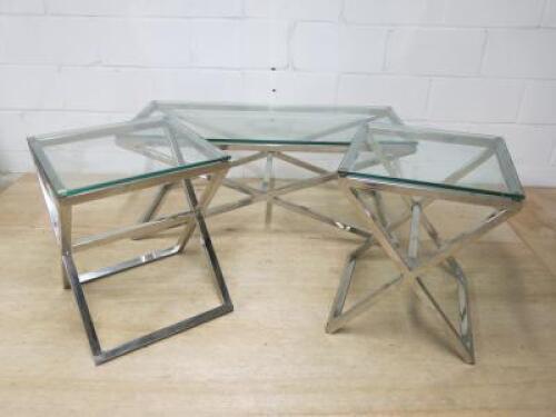 Cross Framed Chrome Coffee Table with Glass Top (H46cm x W112cm x D52cm) & 2 Matching Side Tables H56 x W46 x D46cm