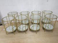 8 x Gold Effect Circular Side Tables with Glass Top & Mirrored Bottom Shelf. Size H56cm x DIA 39cm. NOTE: 1 table missing mirrored shelf.