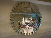 Round Starburst Mirror with Bevelled Edge Mirror Glass Detail on Wood Back Heavy Duty Mount. Size Dia 120cm.