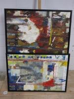 2 x Large Stretched Oil On Canvas Abstract Artworks Mounted in Black Wooden Frames. Frame Size H66cm x W96cm.