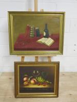 2 x Assorted Sized Framed Oil On Canvas Still Lifes to Include: 1 x Books & Wine, Unsigned, Frame Size H56cm x 72cm & 1 x Fruit, Signed, Frame Size H53cm x W62cm.