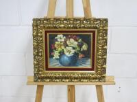 Flowers in Vase. Framed Oil On Board, Signed. Frame Size H38cm x W43cm.