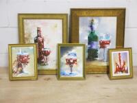 5 x Assorted Sized Framed Oil on Board & Canvas Wine Bottles & Glasses to Include: 4 x Oil On Board & 1 x Oil On Canvas. Size Variation H24-52cm x W19-42cm.