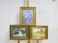 3 x Framed Oil On Board Depicting Still Life & Landscape, Size H34cm x W30cm. NOTE: frame damaged (As Viewed/Pictured).