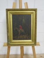 Horse & Hounds Framed Oil On Board, Signed. Sized H51cm x W41cm. NOTE: damage to frame (As Viewed/Pictured).