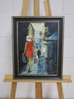 Woman In Red Dress Shopping, Framed Oil On Board, Signed. Frame Size H48cm x W38cm.