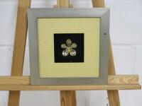 Gold Coloured 5 Petal Flower in Glazed Wooden Box Frame, Size H27cm x W27cm.