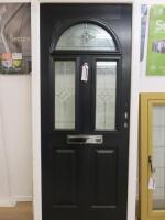 Ex Display UVPC Double Glazed Lead Light Front Door with Frame. Black Exterior with White Frame & White Interior. Size H205cm x W90cm. NOTE: missing lock.