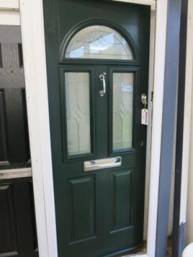 Ex Display UVPC Double Glazed Lead Light Front Door with Frame. Green Exterior with White Frame & Oak Effect Interior, Twin Lock. Size H210cm x W88cm. NOTE: missing 1 lock & trim.