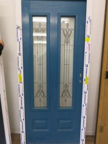 Ex Display UVPC Double Glazed 2 Panel Front Door With Frame & Window Above (missing glass). Blue Exterior with White Frame & White Interior. Size H228cm x W92cm. NOTE: missing lock & furniture.