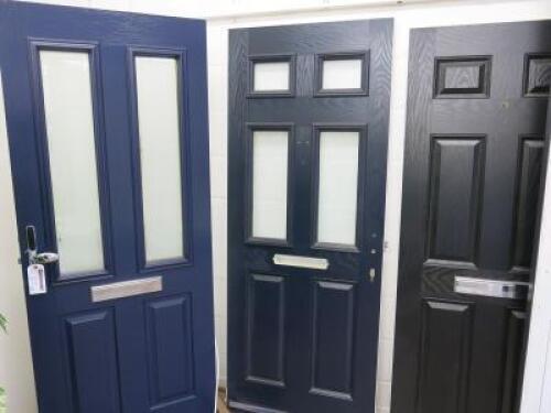 3 x Ex Display UVPC Double Glazed Front Doors in Assorted Sizes to Include: 2 x Blue Exterior & White Interior, Size H197cm x W79cm & 1 x Black Exterior & White Interior, Size H193cm x W79cm. NOTE: missing frames & door furniture.