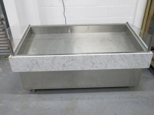 XL Refrigeration Mobile Refrigerated Stainless Steel Window Display Unit with Clad Marble Surround. Size H90cm x W184cm x D93cm. NOTE: 1 x glass side has been replaced by Perspex.