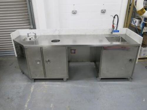 XL Refrigeration Large Bespoke Mobile Stainless Steel Preparation Unit with Clad Marble Surround and Splash Back. Comes with 4 Doors, Preparation Square Sink with Mono Tap, Stainless Steel Round Bowl Sink with 2 Taps & Hole for Rubbish. Size H94cm x W285