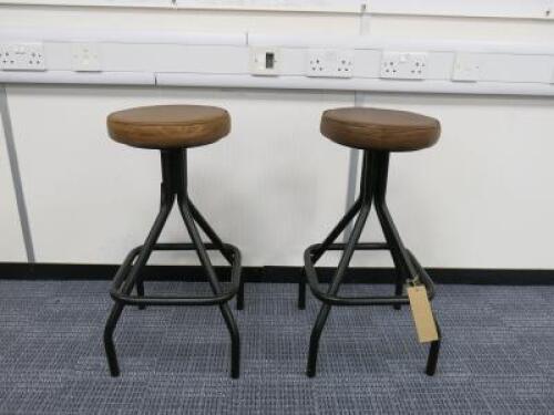 2 x Hand Crafted Black Metal Stalls with Turn Table Brown Faux Leather Padded Seats.