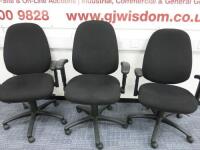 3 x Multi Adjustable Office Swivel Chair with Lumbar Support, Upholstered in Black Hopsack on Black Base.