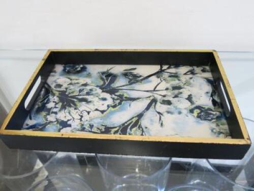 Flower Patterned Wood Tray with Gold Detail.