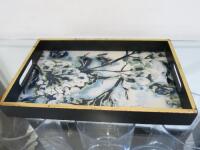 Flower Patterned Wood Tray with Gold Detail.