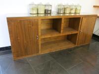 Glass Top Walnut Effect Wooden Side Board Unit with 2 Cupboards. Size H90cm x W225cm x D48cm.