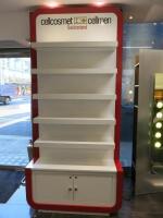 Cellcosmet Cellman Switzerland Shop Display Unit with 5 Shelves and 2 Door Cupboard Under with Keys. Size H260 x W120 x D43cm.