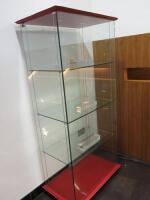 Illuminated 3 Shelf Glass Display Cabinet with Red and Black Leather Top and Base. Comes with Key and 5 Display Boxes. Size H178 x W85 x D53cm.