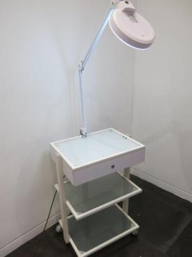 3 Shelf & 1 Drawer Mobile Trolley with Magnifier Floor Lamp, Model FHNL01.