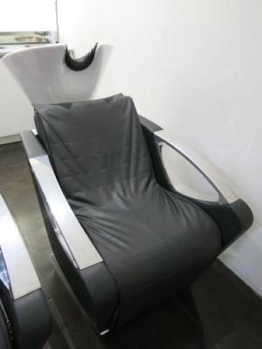 Electric Motorised Adjustable Back Wash with Ceramic Basin, Tap & Flexi Hose. Upholstered in Black Faux Leather. NOTE: requires buyer to disconnect & remove.