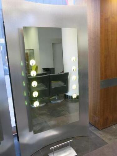 Free Standing Brushed Metal Constructed LED Illuminated Hair Dressing Mirror Stand (Mirror Size 145cm x 78cm) with Side Shelving & Power Point. Size H211cm x W116cm x 51cm. NOTE: buyer to disconnect & remove.