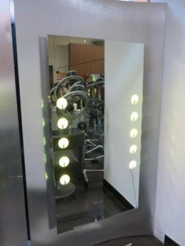 Free Standing Brushed Metal Constructed LED Illuminated Hair Dressing Mirror Stand (Mirror Size 145cm x 78cm) with Side Shelving & Power Point. Size H211cm x W116cm x 51cm. NOTE: buyer to disconnect & remove, crack to mirror (As Viewed/Pictured).