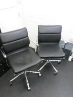 Office Furniture to Include: 2 x Eames Style Soft Padded Swivel Chairs, 4 Draw Metal Filing Cabinet, Wood Multi Shelf/Cupboard/Draw Unit, Corner Desk, Side Unit with 2 Draws & 2 Cupboards & Wall Unit with 2 x Pull Down Cupboard Doors.