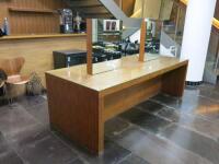 Walnut Effect Wooden Salon Double Sided Wood Unit with Glass Top & 2 Double Sided Mirrors. Size H80 x W255 x D106cm.