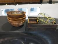 5 x Wooden Bowls, 2 x Spoons, 3 x Wooden Trays & Glass Terrarium.