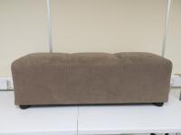 Padded Bench Upholstered in Brown Fabric with Brown Wooden Button Feet, Size H40cm x W120cm x D42cm.