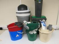 Quantity of Cleaning & Waste Products to Include: 17 x Recycling Plastic Bins, 4 x 50lt Plastic Bins, 2 x Wham Recycle Bins (25 & 50lt), 2 x Mop Buckets & 1 x Bucket.