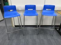 3 x Allermuir Bar Stools with Foot Rest in Polished Chrome Frame & Blue Shell Seat.