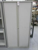 Bisley 3 Shelf Tambour Door Metal Cabinet. Size H197 x W100 x D47cm.