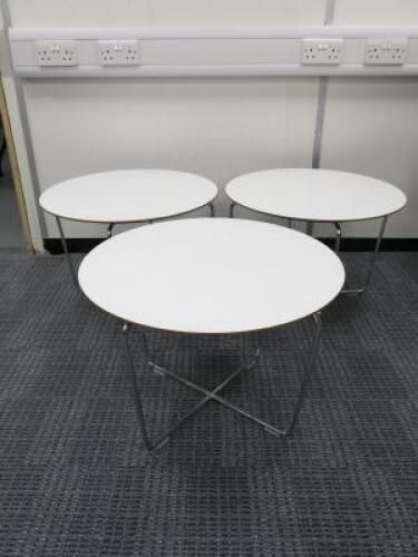 3 x Allermuir A636-6RD White Wood Topped Side Table on Polished Chrome Frame. Size H40 x Dia60cm.
