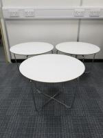 3 x Allermuir A636-6RD White Wood Topped Side Table on Polished Chrome Frame. Size H40 x Dia60cm.