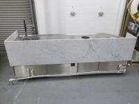 XL Refrigeration Large Bespoke Mobile Stainless Steel Preparation Unit with Clad Marble Surround and Splash Back. Comes with 4 Doors, Preparation Square Sink with Mono Tap,  Stainless Steel Round Bowl Sink with 2 Taps & Hole for Rubbish. Size H94cm x W285