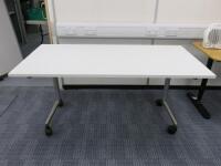 Mobile White Melamine Top, Folding Up Table. Size H72 x 160 x 80cm.