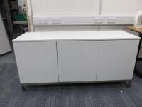 White 3 Door Push Close Cupboard on Metal Brushed Base. Size H70cm x W150cm x D52cm.