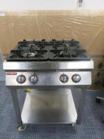 Angelopo 4 Burner Gas Range on Mobile Stainless Steel Base with Shelf Under. Size H95cm x W70cm x D75cm