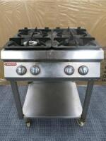 Angelopo 4 Burner Gas Range on Mobile Stainless Steel Base with Shelf Under. Size H95cm x W70cm x D75cm.